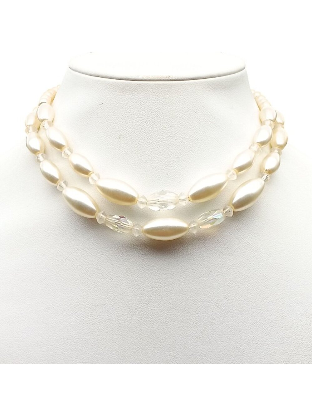 Vintage Double-Strand Faux Pearl & Crystal Choker Necklace With Silver-Tone Clas